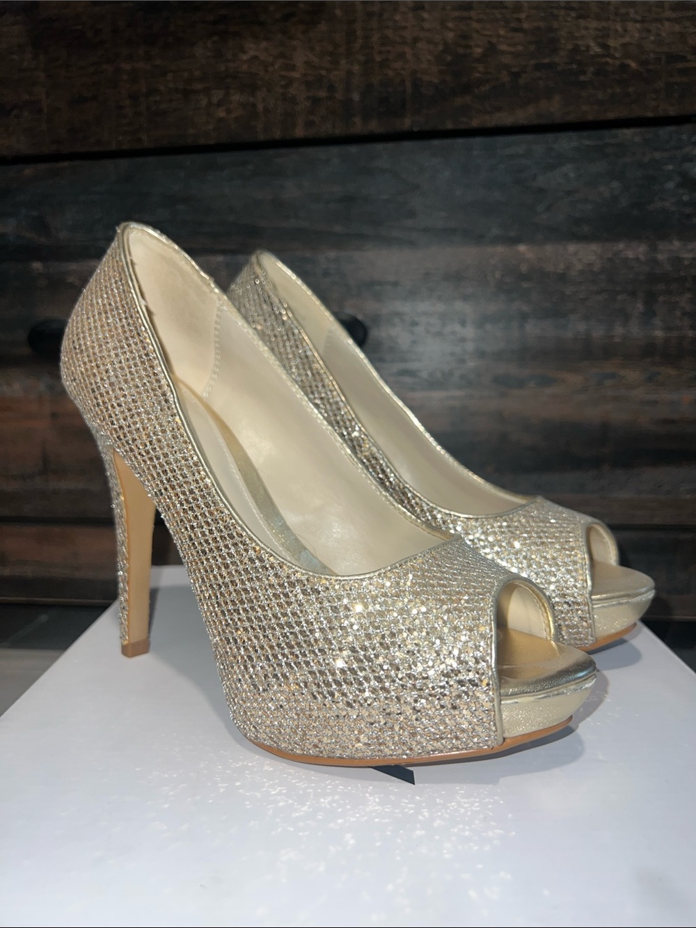 Aldo Gold Glitter Peep-Toe Platform Heels
